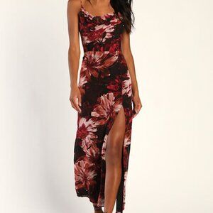 Lulus Flowery Passion Black Floral Print Cowl Neck Midi Dress Red - Size S